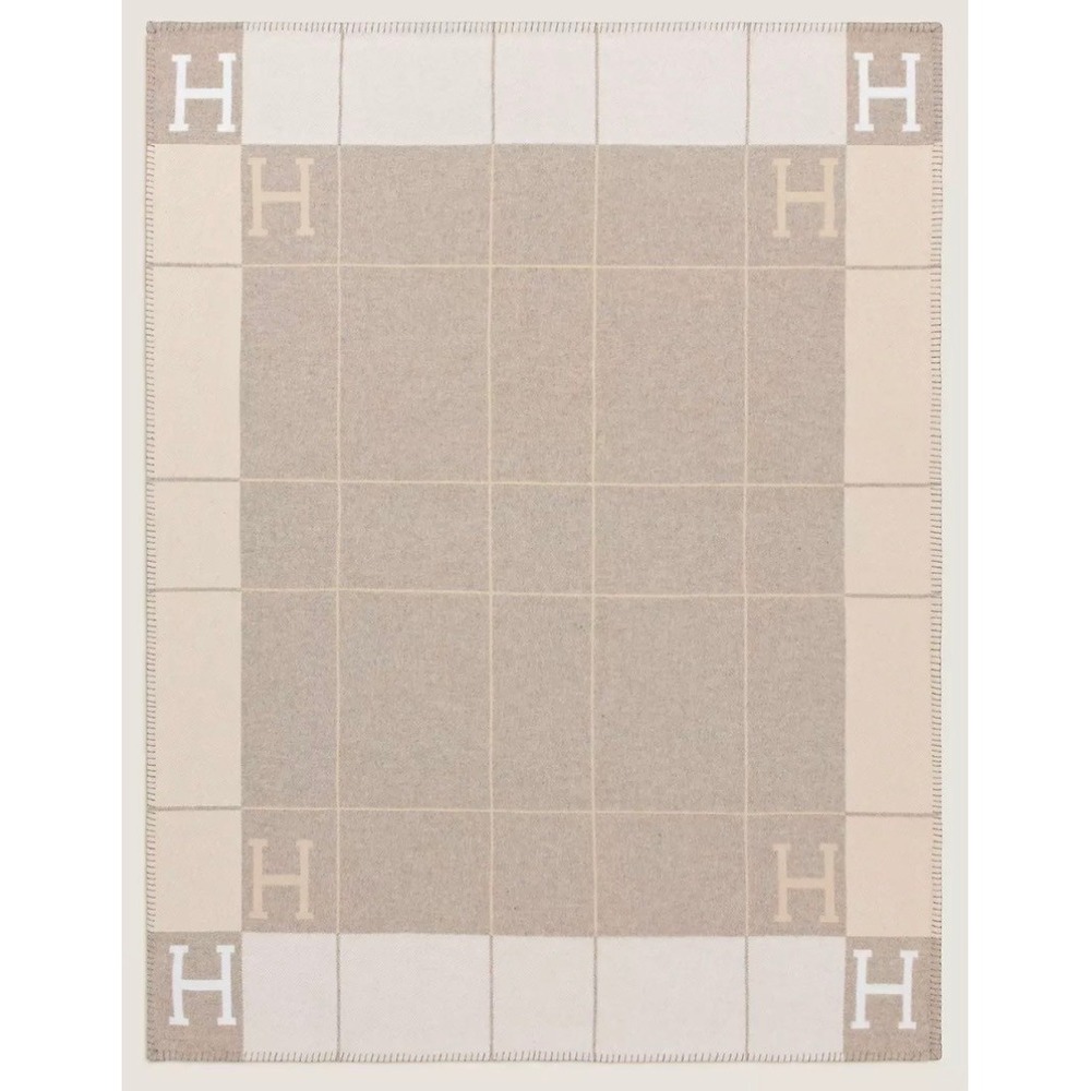 Hermes Avalon III Blanket Coco/Camomille Excellent Merino Cashmere H Logo